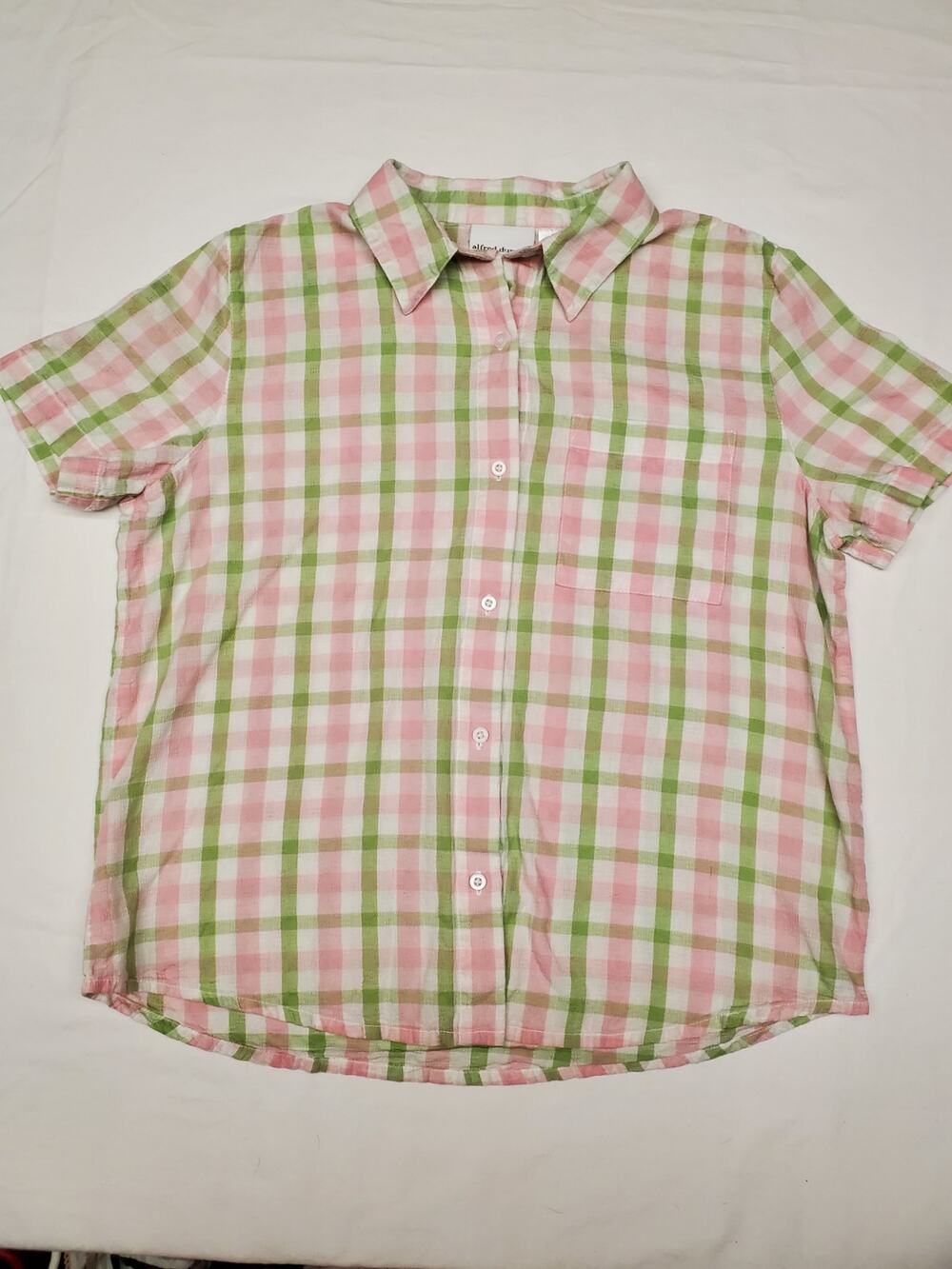 Alfred Dunner Pink Green Plaid Seersucker Button Shirt Sz 14 Cotton